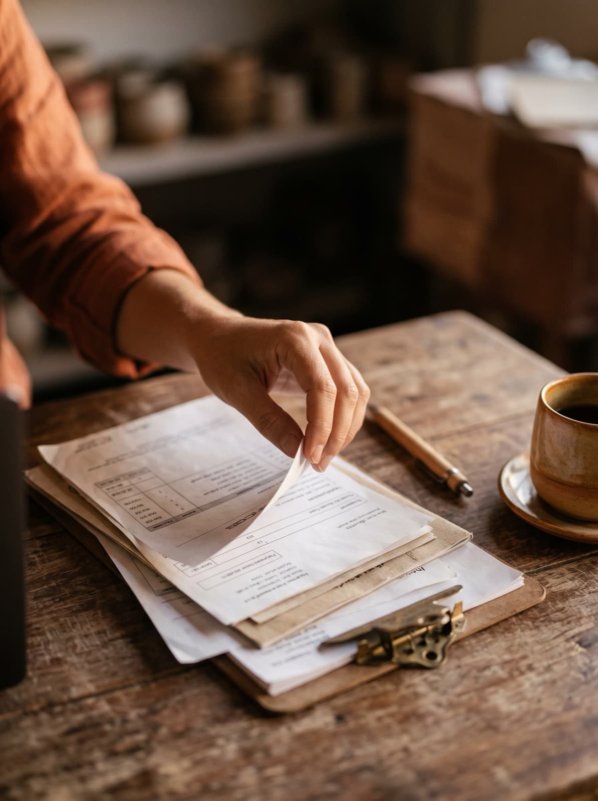 Mão separando boletos e notas em papel sobre uma mesa de madeira