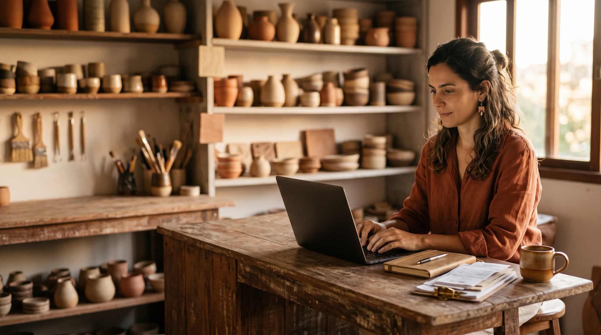 Dona de um estúdio de cerâmica no balcão da loja, olhando o notebook depois do expediente