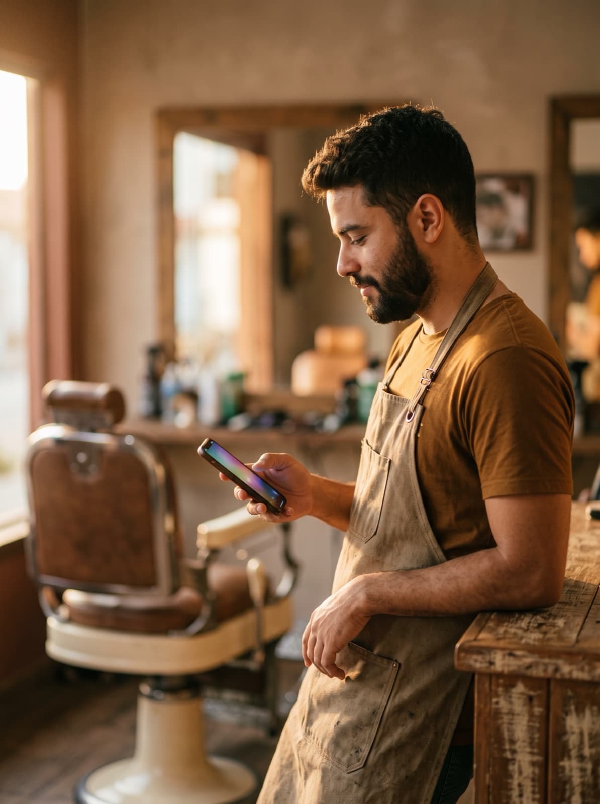 Barbeiro olhando o celular na própria barbearia, entre um cliente e outro