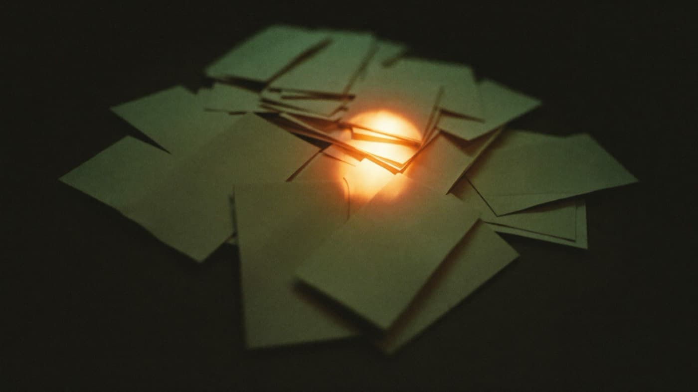 Papéis espalhados sobre uma mesa escura iluminados por um facho de luz